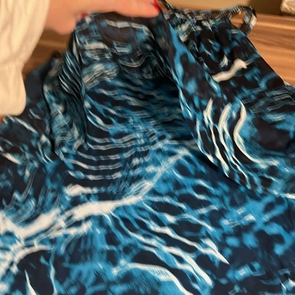 White House Black Market blue ruffle tank top with laces that tie at neck line - Picture 13 of 16